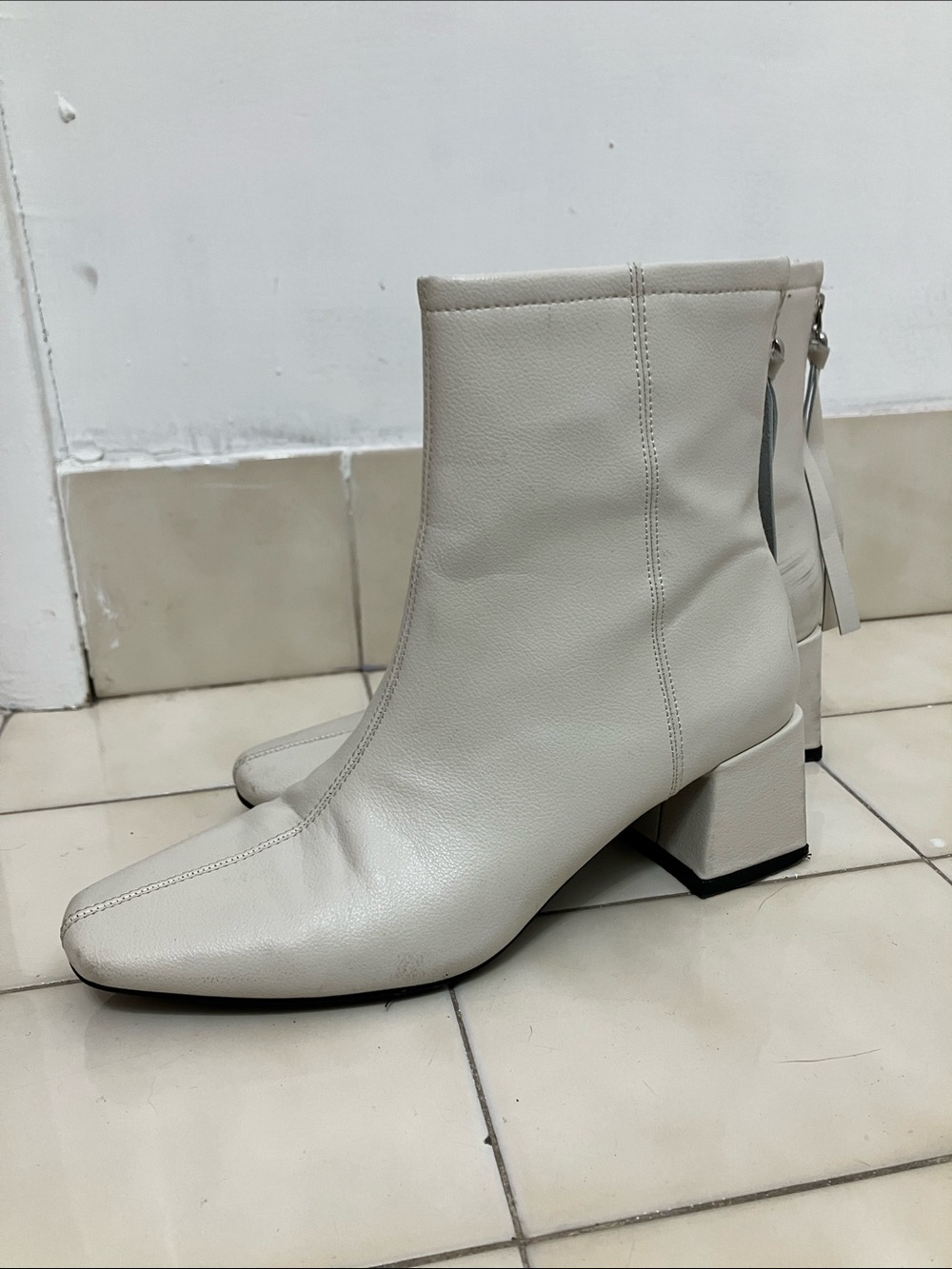 Women's Cream Square-Toe Block Heel Ankle Boots